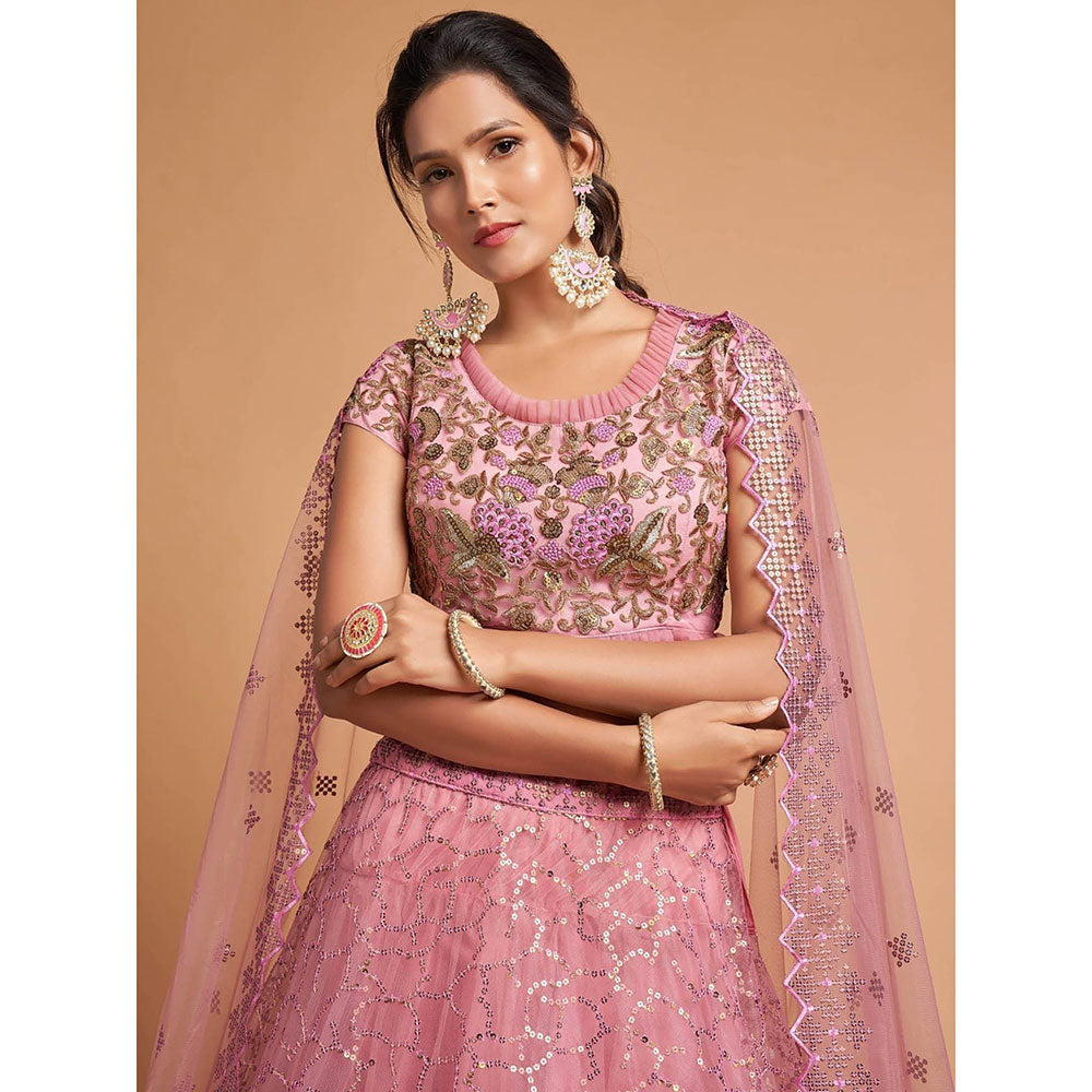 Odette Pink Soft Net Embroidered Semi Stitched Lehenga with Blouse and Dupatta (Set of 3)