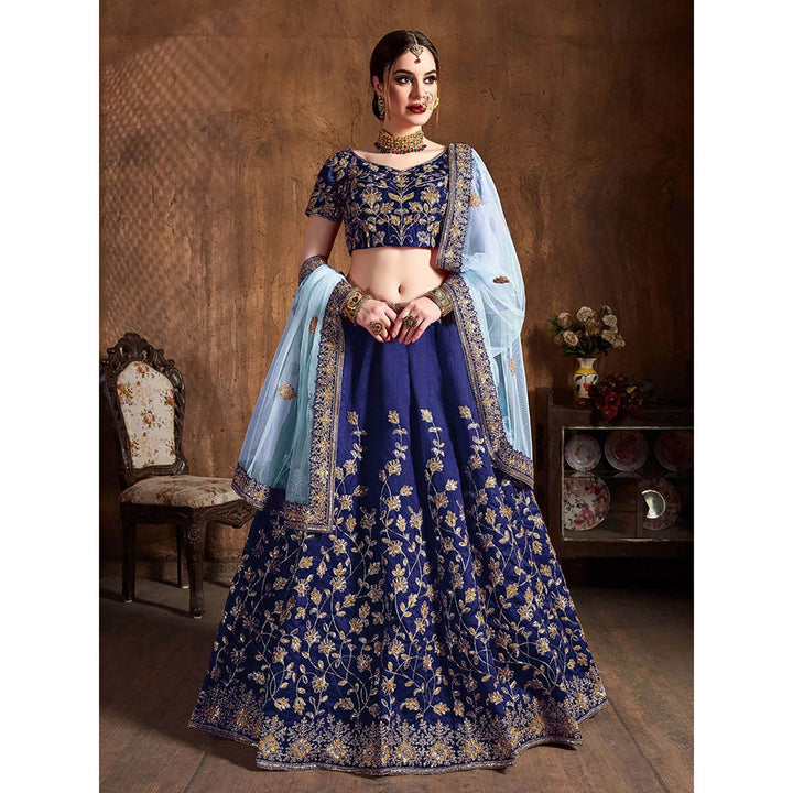 Odette Blue Silk Blend Embroidered Semi Stitched Lehenga with Blouse and Dupatta (Set of 3)