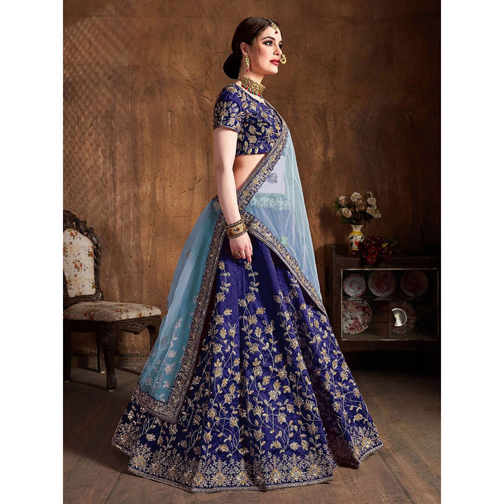 Odette Blue Silk Blend Embroidered Semi Stitched Lehenga with Blouse and Dupatta (Set of 3)