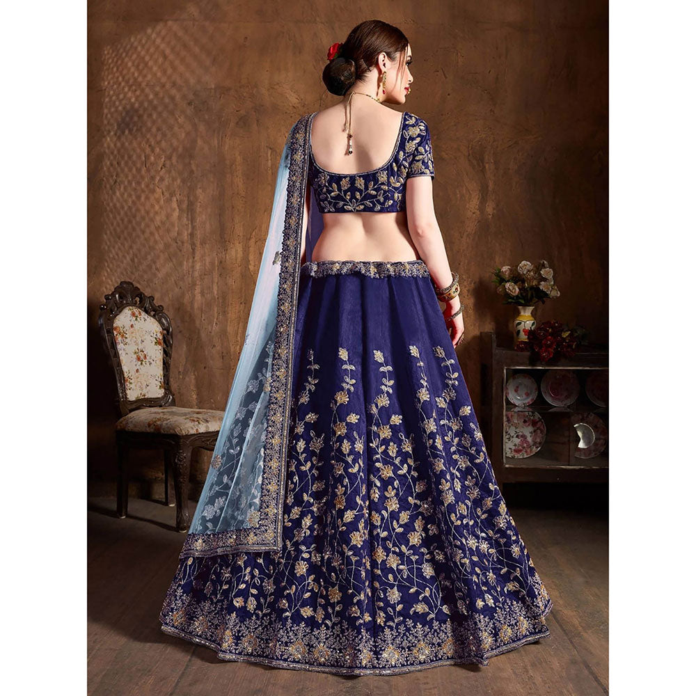 Odette Blue Silk Blend Embroidered Semi Stitched Lehenga with Blouse and Dupatta (Set of 3)