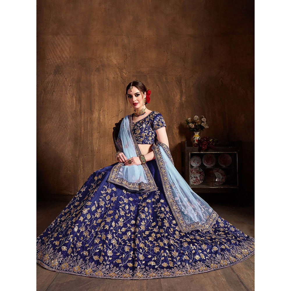 Odette Blue Silk Blend Embroidered Semi Stitched Lehenga with Blouse and Dupatta (Set of 3)