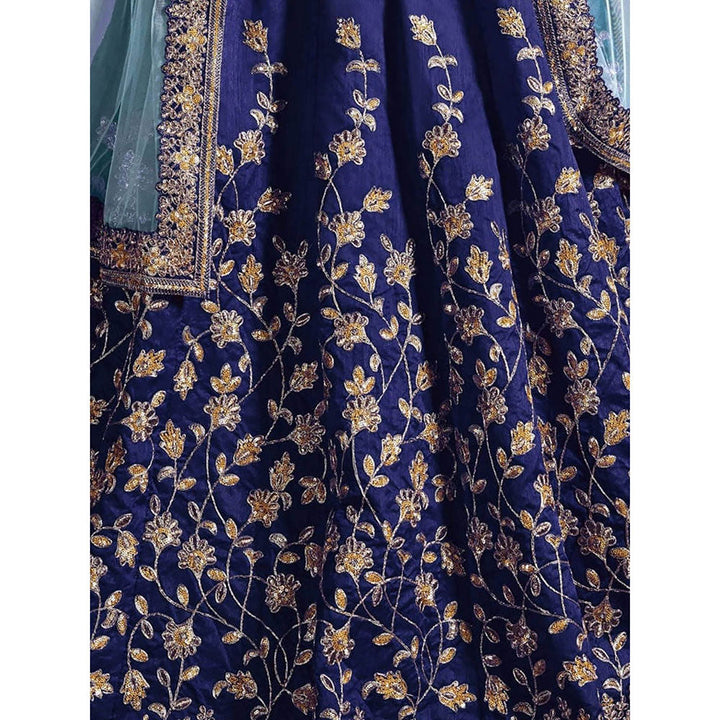 Odette Blue Silk Blend Embroidered Semi Stitched Lehenga with Blouse and Dupatta (Set of 3)