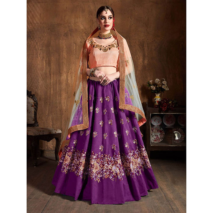 Odette Purple Silk Blend Embroidered Semi Stitched Lehenga with Blouse and Dupatta (Set of 3)