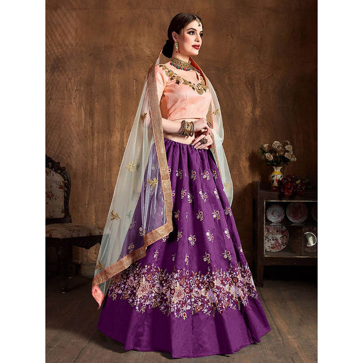 Odette Purple Silk Blend Embroidered Semi Stitched Lehenga with Blouse and Dupatta (Set of 3)