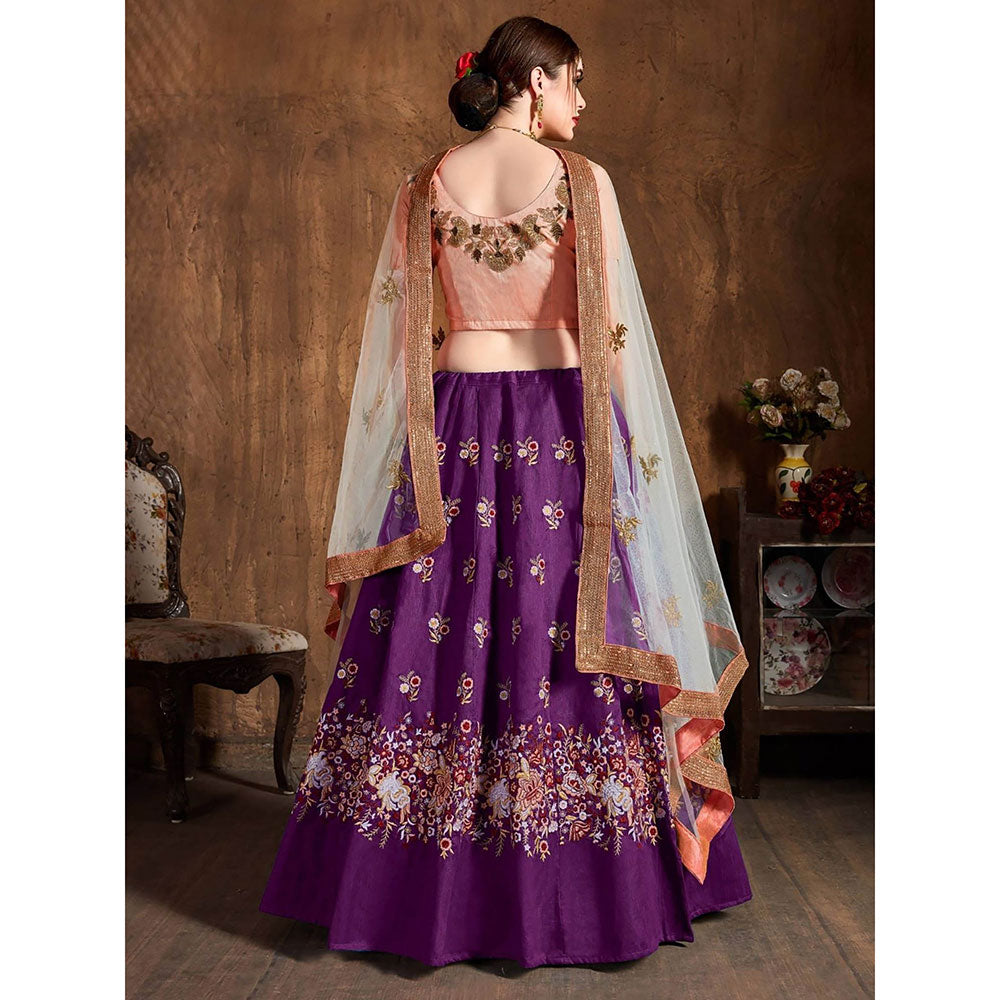 Odette Purple Silk Blend Embroidered Semi Stitched Lehenga with Blouse and Dupatta (Set of 3)