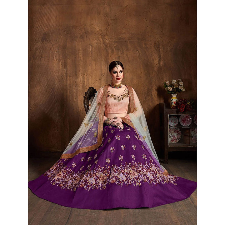 Odette Purple Silk Blend Embroidered Semi Stitched Lehenga with Blouse and Dupatta (Set of 3)