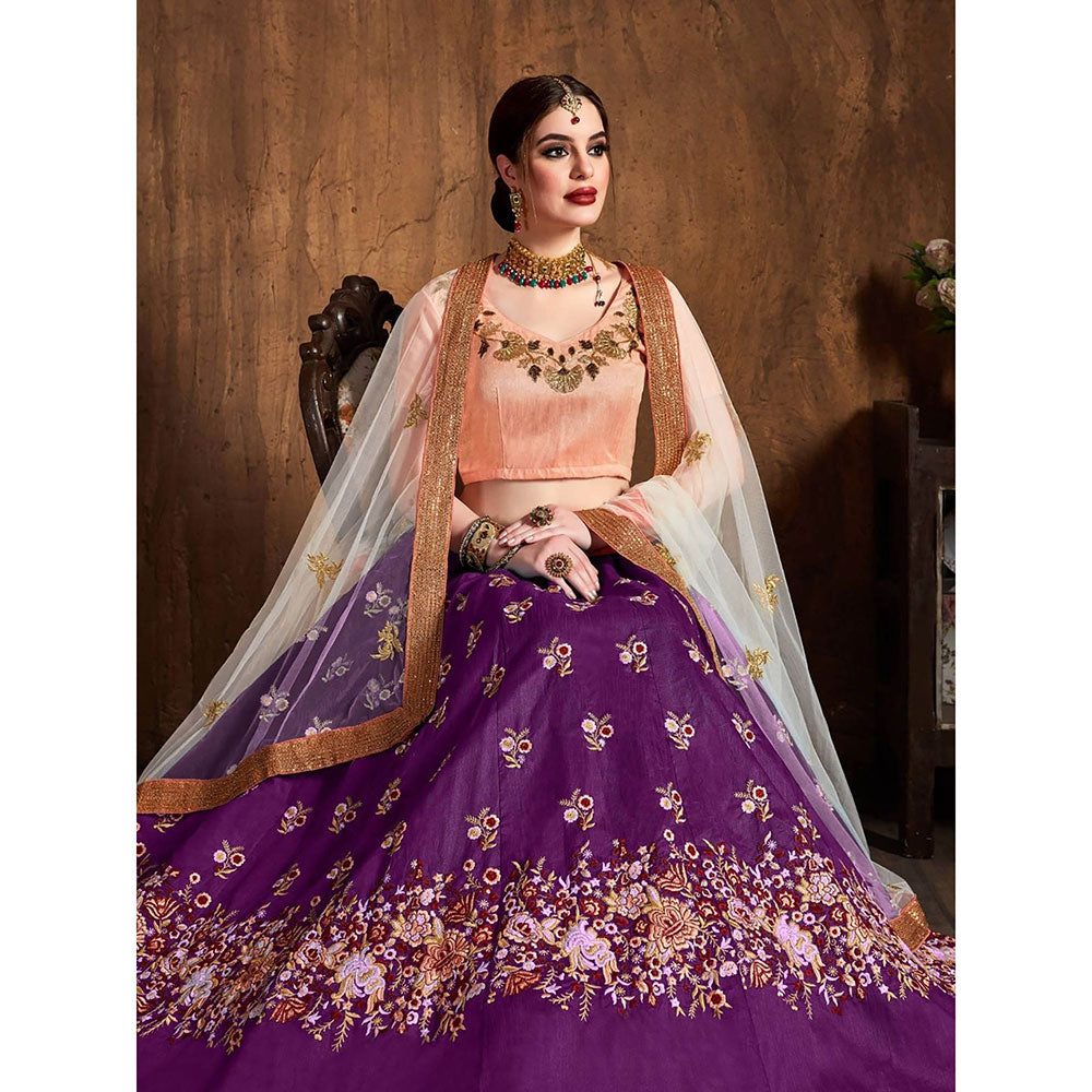 Odette Purple Silk Blend Embroidered Semi Stitched Lehenga with Blouse and Dupatta (Set of 3)