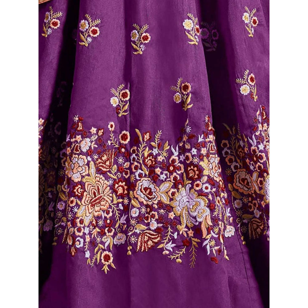 Odette Purple Silk Blend Embroidered Semi Stitched Lehenga with Blouse and Dupatta (Set of 3)