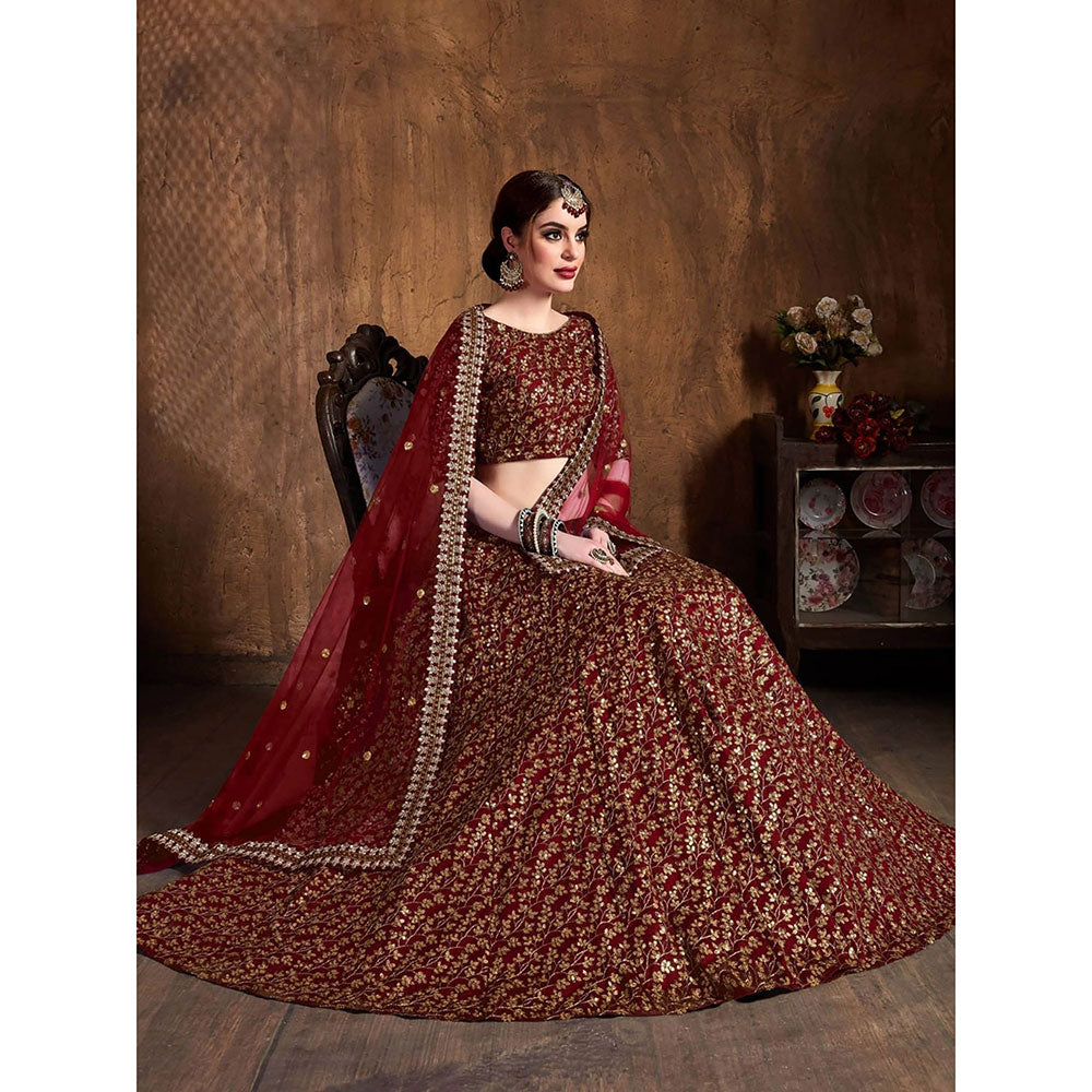 Odette Maroon Silk Blend Embroidered Semi Stitched Lehenga with Blouse and Dupatta (Set of 3)