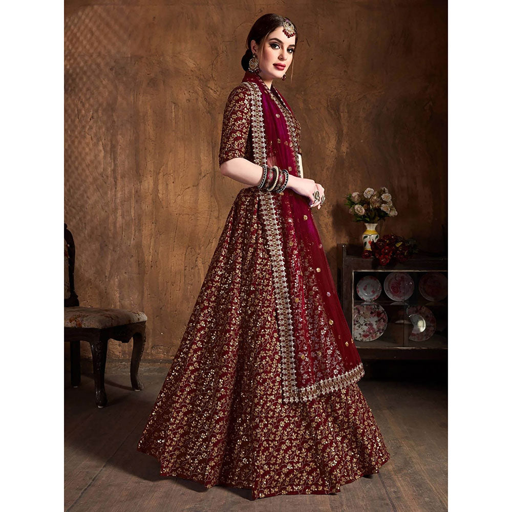 Odette Maroon Silk Blend Embroidered Semi Stitched Lehenga with Blouse and Dupatta (Set of 3)