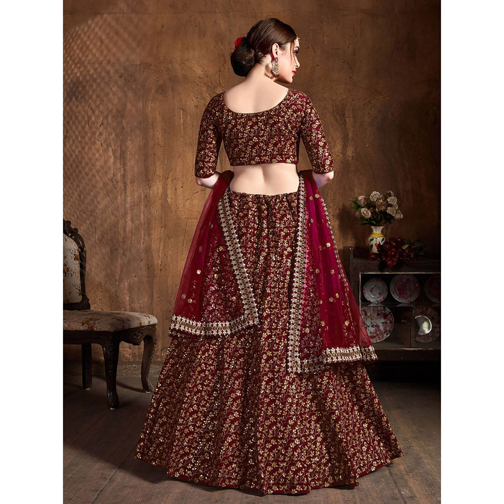 Odette Maroon Silk Blend Embroidered Semi Stitched Lehenga with Blouse and Dupatta (Set of 3)