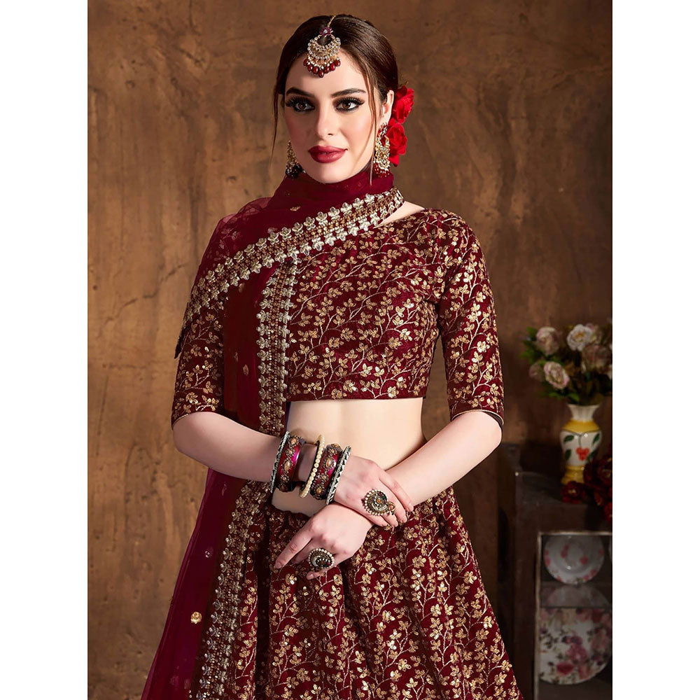 Odette Maroon Silk Blend Embroidered Semi Stitched Lehenga with Blouse and Dupatta (Set of 3)