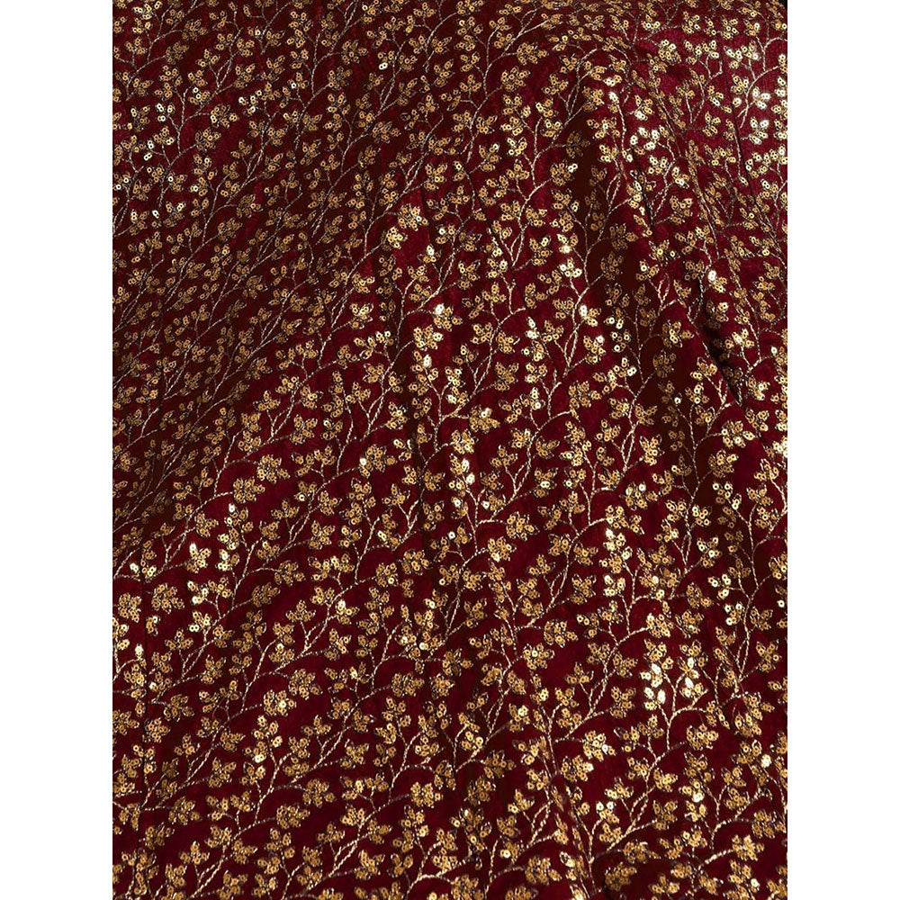 Odette Maroon Silk Blend Embroidered Semi Stitched Lehenga with Blouse and Dupatta (Set of 3)