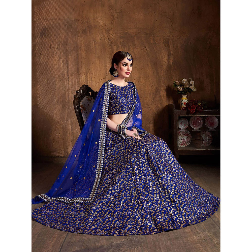 Odette Blue Silk Blend Embroidered Semi Stitched Lehenga with Blouse and Dupatta (Set of 3)