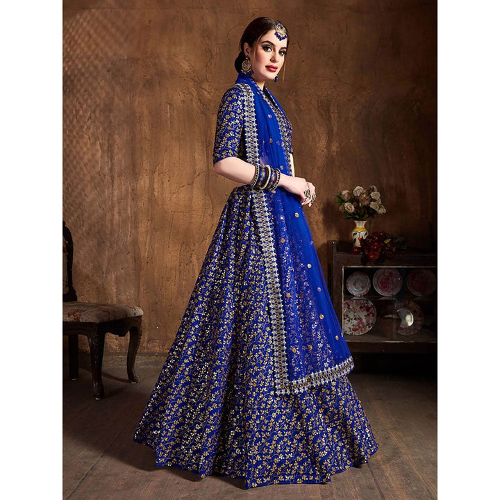 Odette Blue Silk Blend Embroidered Semi Stitched Lehenga with Blouse and Dupatta (Set of 3)