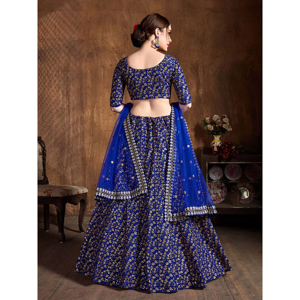 Odette Blue Silk Blend Embroidered Semi Stitched Lehenga with Blouse and Dupatta (Set of 3)