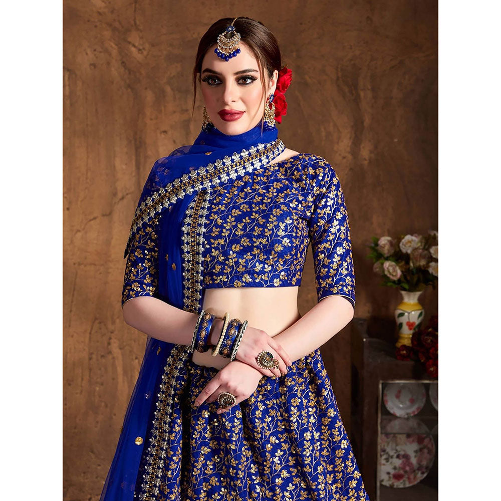 Odette Blue Silk Blend Embroidered Semi Stitched Lehenga with Blouse and Dupatta (Set of 3)