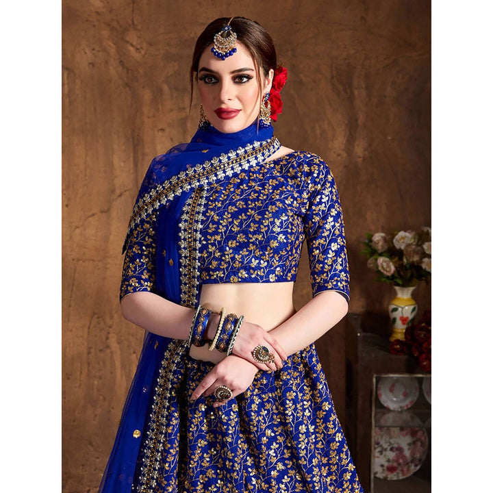 Odette Blue Silk Blend Embroidered Semi Stitched Lehenga with Blouse and Dupatta (Set of 3)