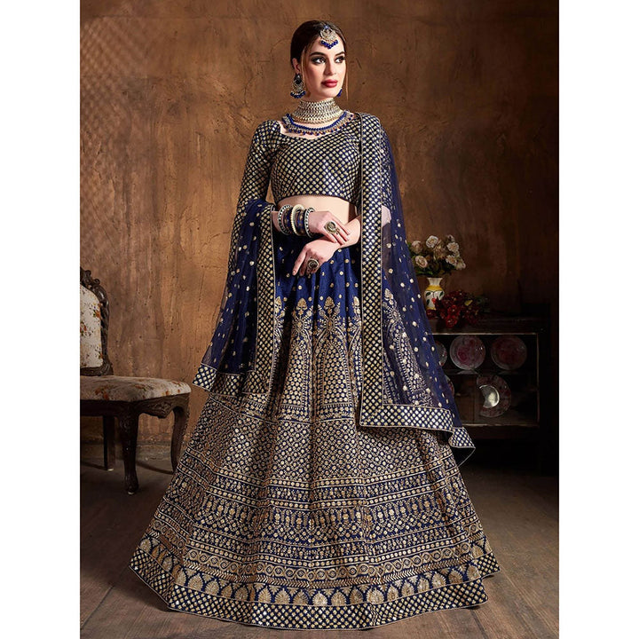 Odette Navy Blue and Gold Silk Blend Semi Stitched Lehenga with Blouse and Dupatta (Set of 3)