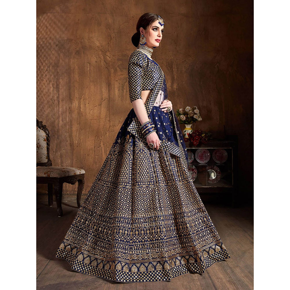 Odette Navy Blue and Gold Silk Blend Semi Stitched Lehenga with Blouse and Dupatta (Set of 3)