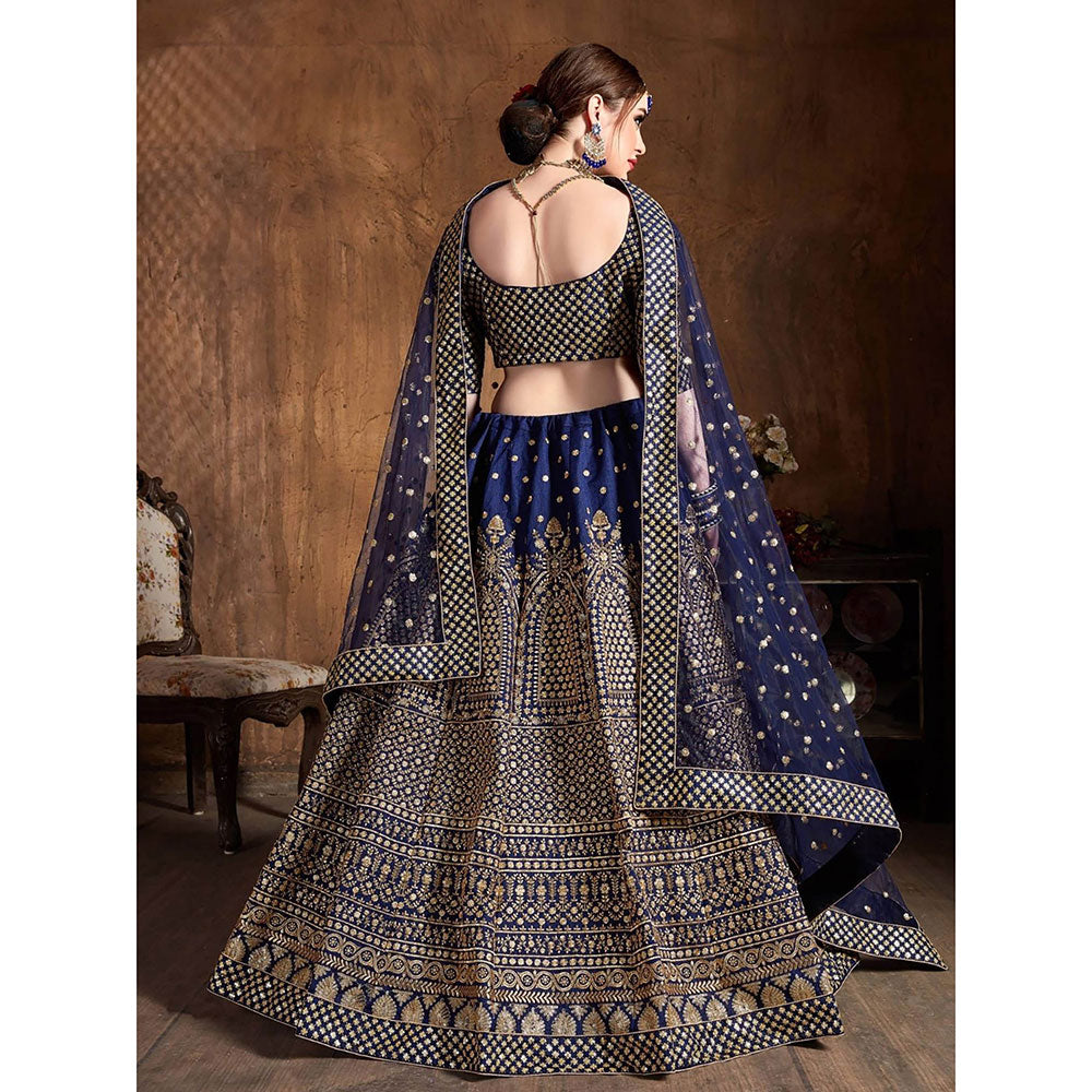 Odette Navy Blue and Gold Silk Blend Semi Stitched Lehenga with Blouse and Dupatta (Set of 3)