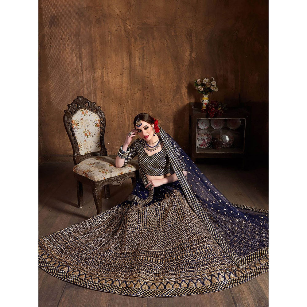 Odette Navy Blue and Gold Silk Blend Semi Stitched Lehenga with Blouse and Dupatta (Set of 3)