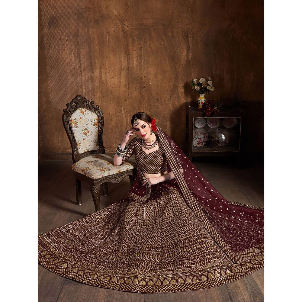 Odette Maroon and Gold Embroidered Semi Stitched Lehenga with Blouse and Dupatta (Set of 3)