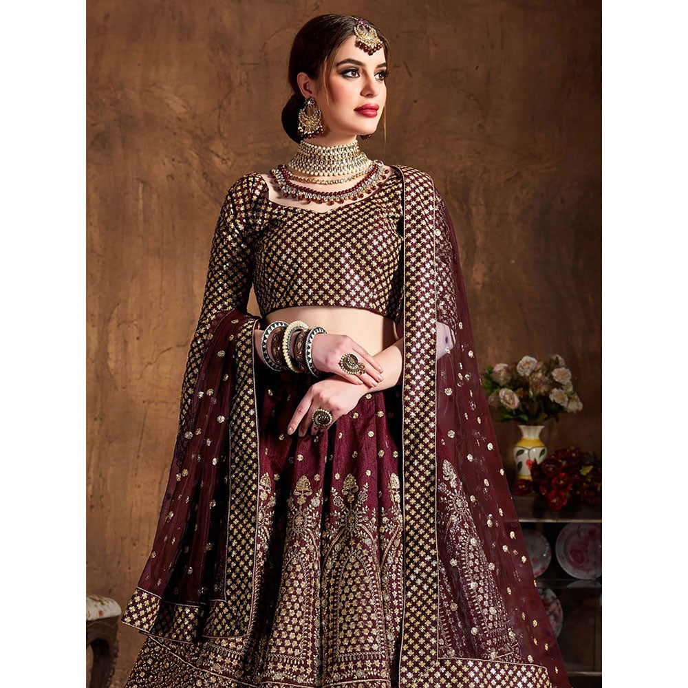 Odette Maroon and Gold Embroidered Semi Stitched Lehenga with Blouse and Dupatta (Set of 3)