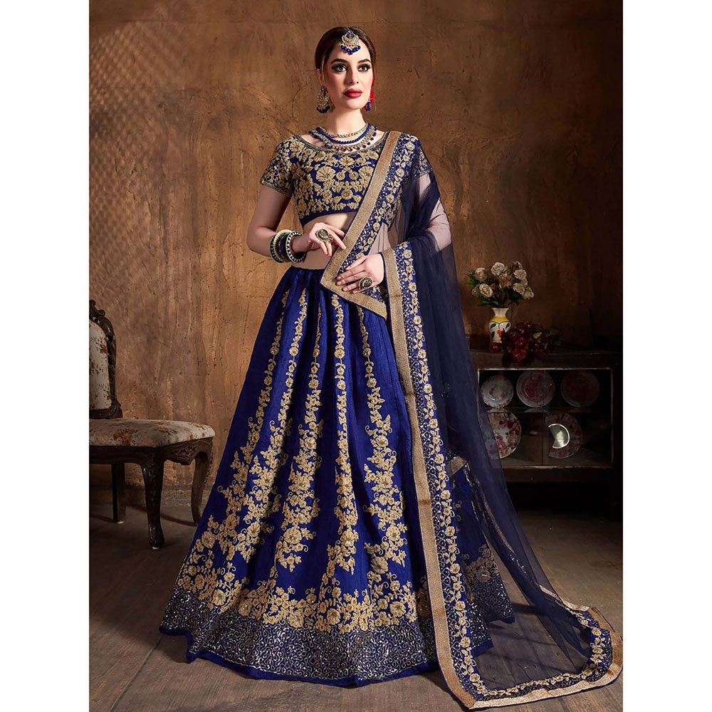 Odette Navy Blue and Gold Silk Blend Semi Stitched Lehenga with Blouse and Dupatta (Set of 3)