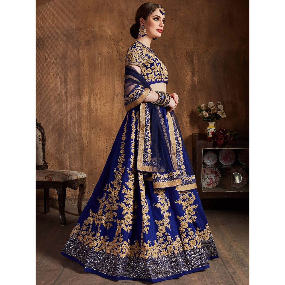 Odette Navy Blue and Gold Silk Blend Semi Stitched Lehenga with Blouse and Dupatta (Set of 3)