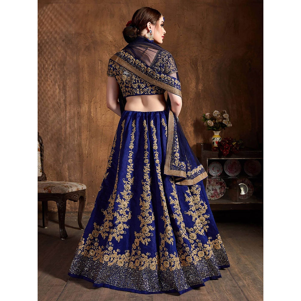 Odette Navy Blue and Gold Silk Blend Semi Stitched Lehenga with Blouse and Dupatta (Set of 3)