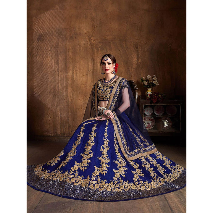 Odette Navy Blue and Gold Silk Blend Semi Stitched Lehenga with Blouse and Dupatta (Set of 3)