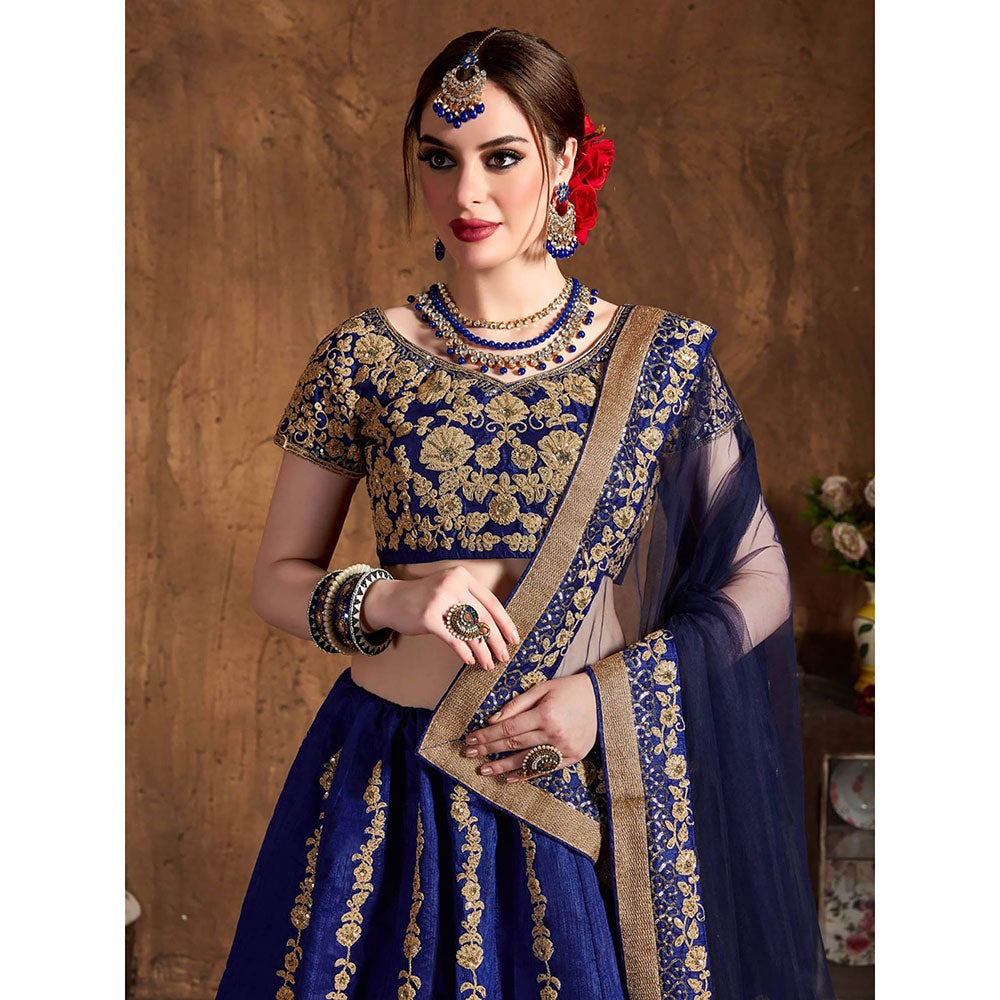 Odette Navy Blue and Gold Silk Blend Semi Stitched Lehenga with Blouse and Dupatta (Set of 3)