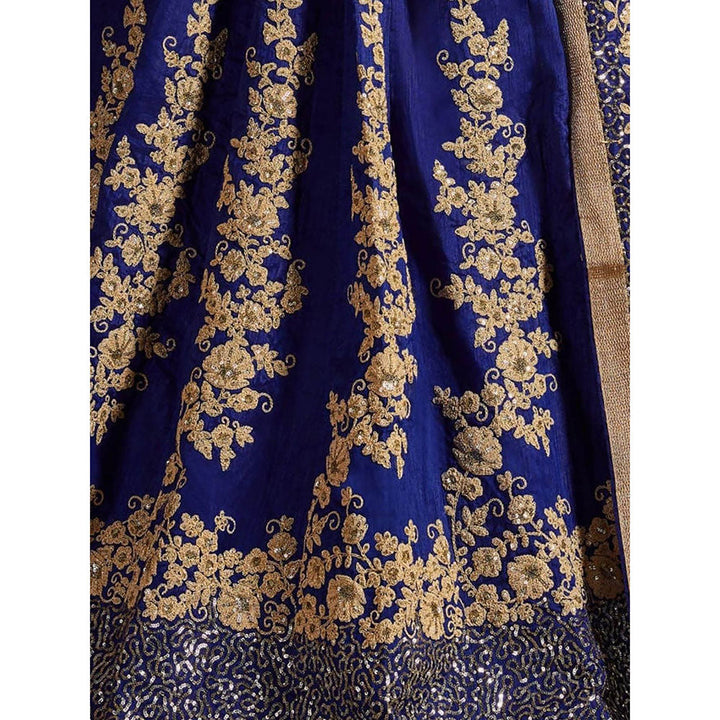 Odette Navy Blue and Gold Silk Blend Semi Stitched Lehenga with Blouse and Dupatta (Set of 3)