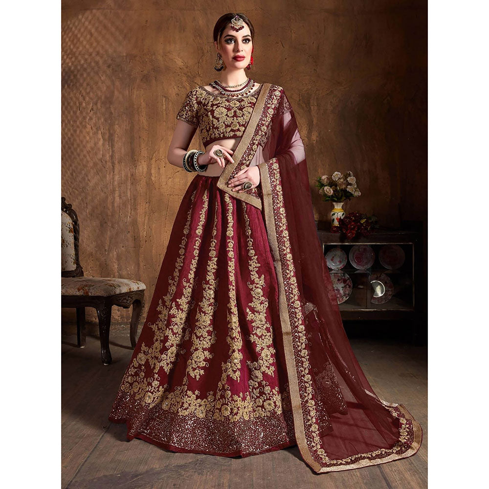 Odette Maroon and Gold Embroidered Semi Stitched Lehenga with Blouse and Dupatta (Set of 3)