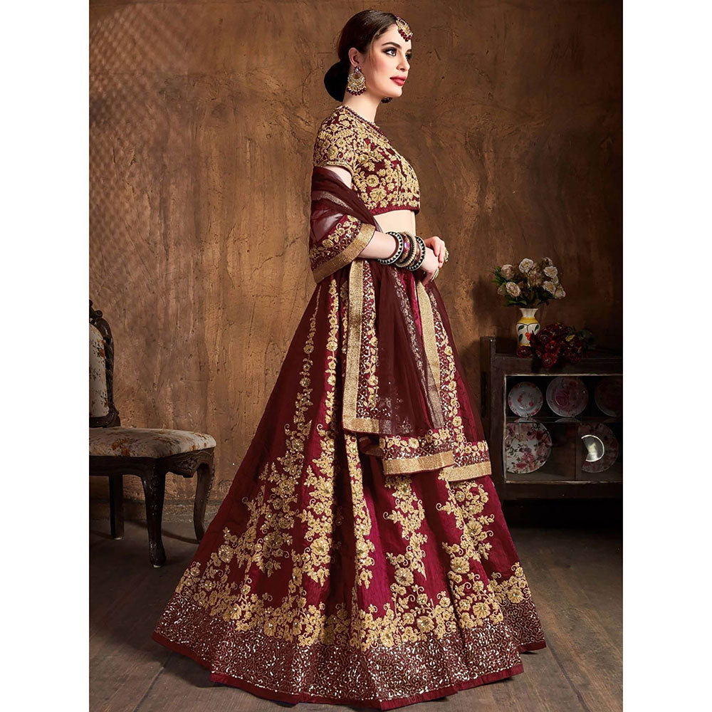 Odette Maroon and Gold Embroidered Semi Stitched Lehenga with Blouse and Dupatta (Set of 3)