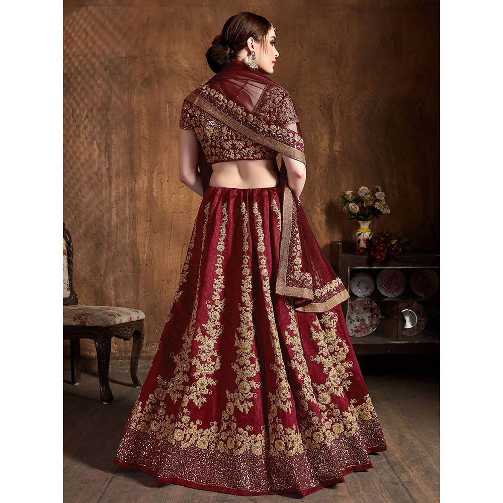 Odette Maroon and Gold Embroidered Semi Stitched Lehenga with Blouse and Dupatta (Set of 3)