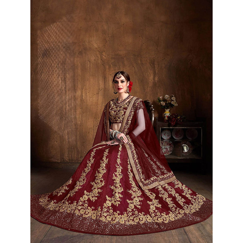 Odette Maroon and Gold Embroidered Semi Stitched Lehenga with Blouse and Dupatta (Set of 3)