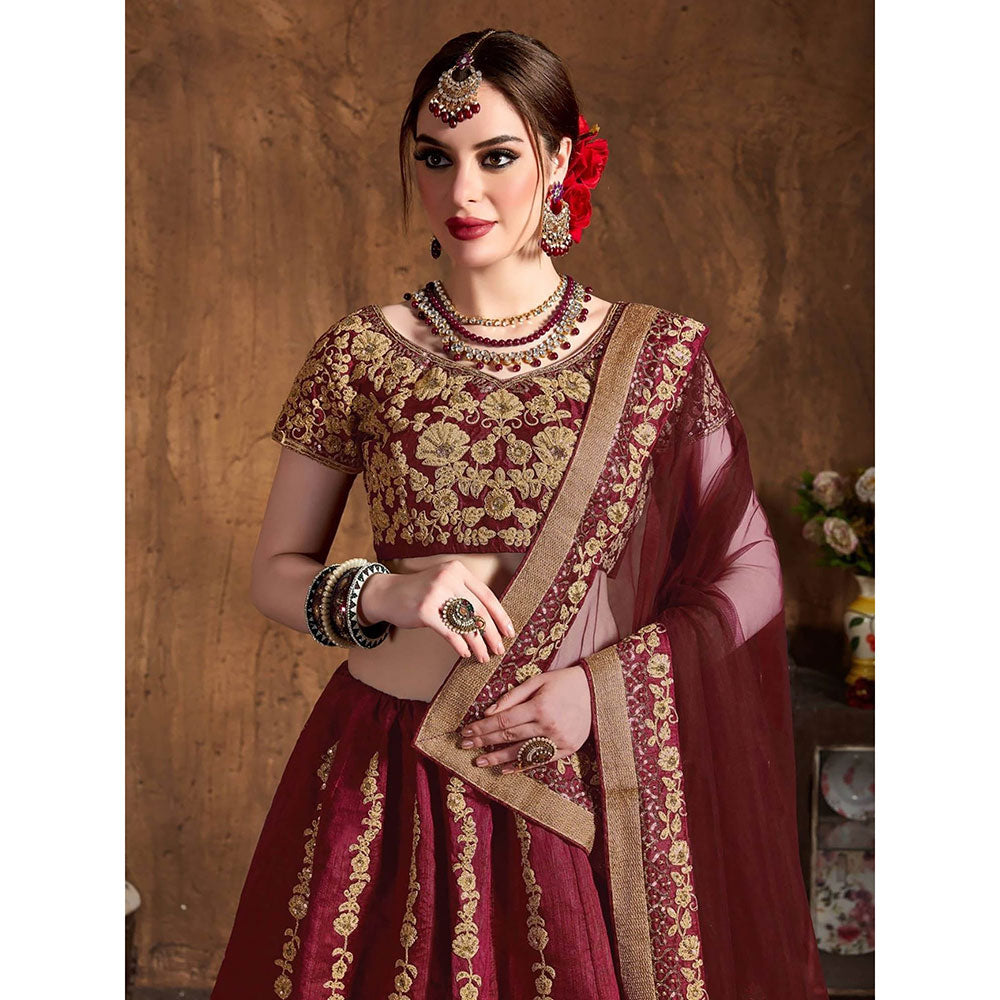 Odette Maroon and Gold Embroidered Semi Stitched Lehenga with Blouse and Dupatta (Set of 3)