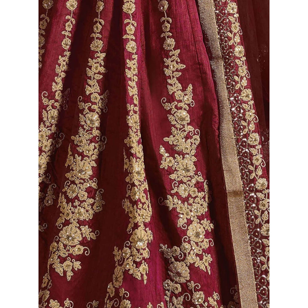 Odette Maroon and Gold Embroidered Semi Stitched Lehenga with Blouse and Dupatta (Set of 3)