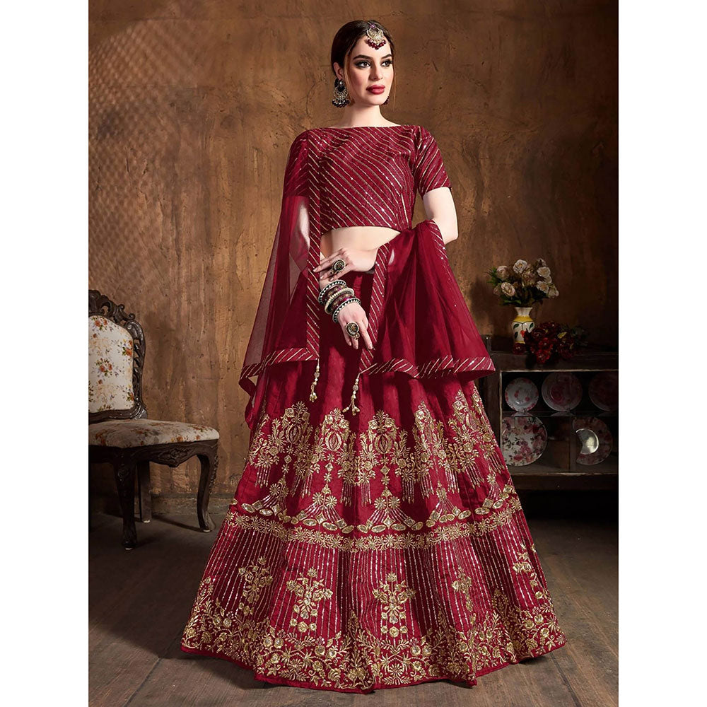 Odette Maroon Art Silk Embroidered Semi Stitched Lehenga with Blouse and Dupatta (Set of 3)