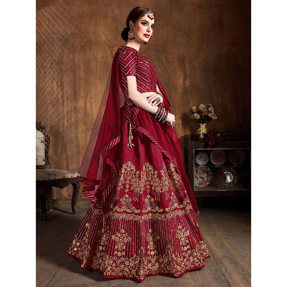 Odette Maroon Art Silk Embroidered Semi Stitched Lehenga with Blouse and Dupatta (Set of 3)