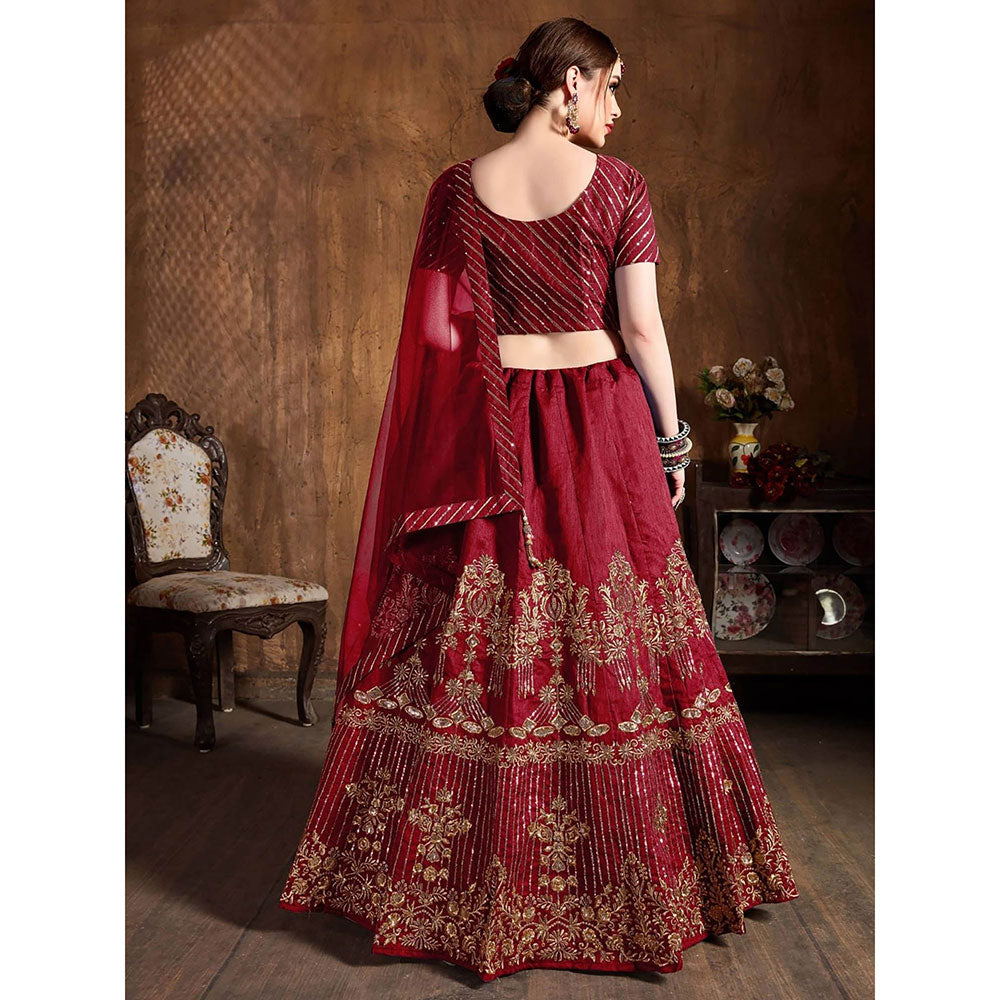 Odette Maroon Art Silk Embroidered Semi Stitched Lehenga with Blouse and Dupatta (Set of 3)