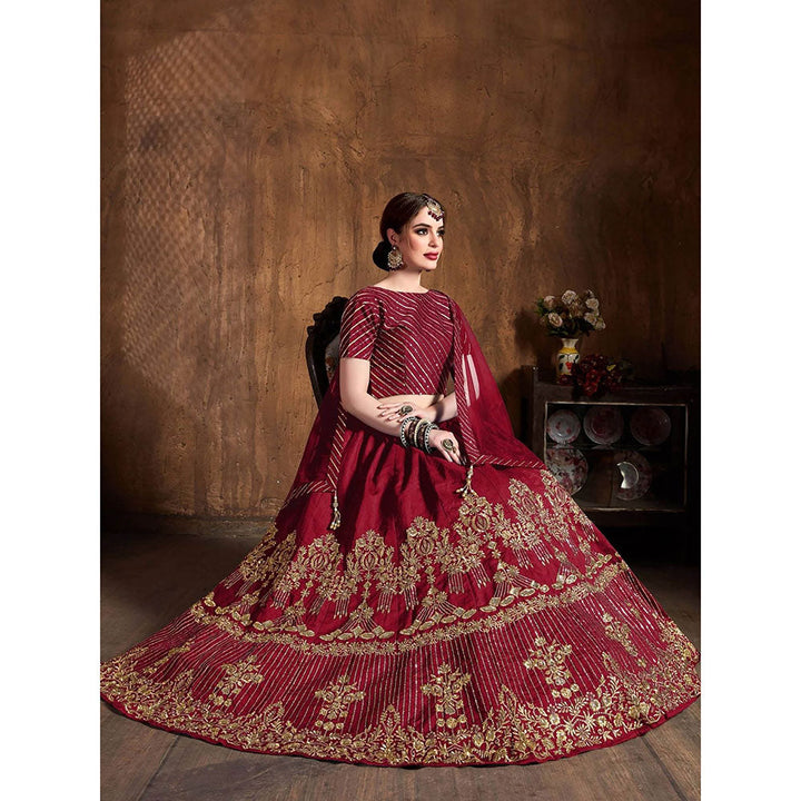 Odette Maroon Art Silk Embroidered Semi Stitched Lehenga with Blouse and Dupatta (Set of 3)