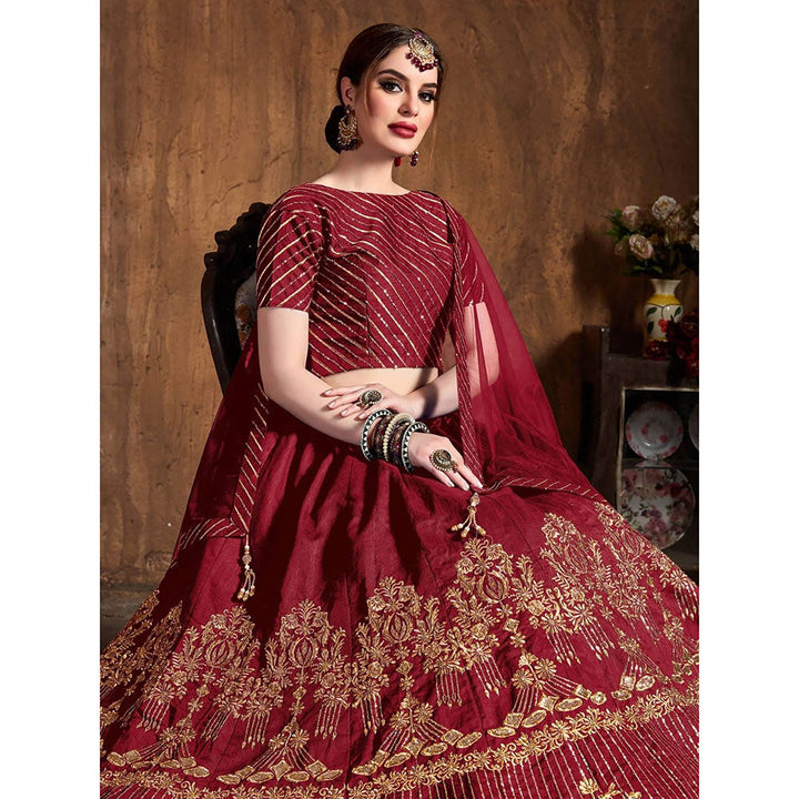 Odette Maroon Art Silk Embroidered Semi Stitched Lehenga with Blouse and Dupatta (Set of 3)