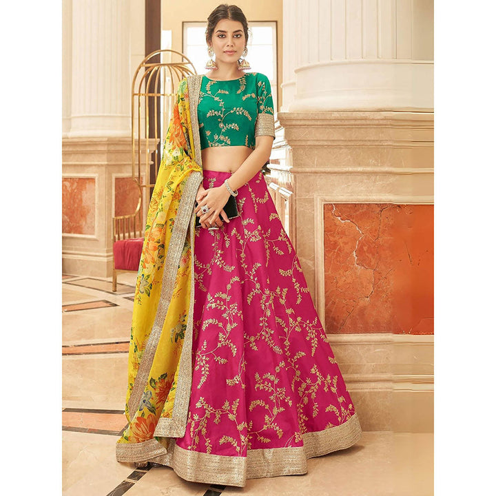 Odette Pink Art Silk Embroidered Semi Stitched Lehenga with Blouse and Dupatta (Set of 3)