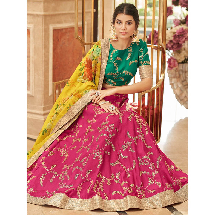 Odette Pink Art Silk Embroidered Semi Stitched Lehenga with Blouse and Dupatta (Set of 3)