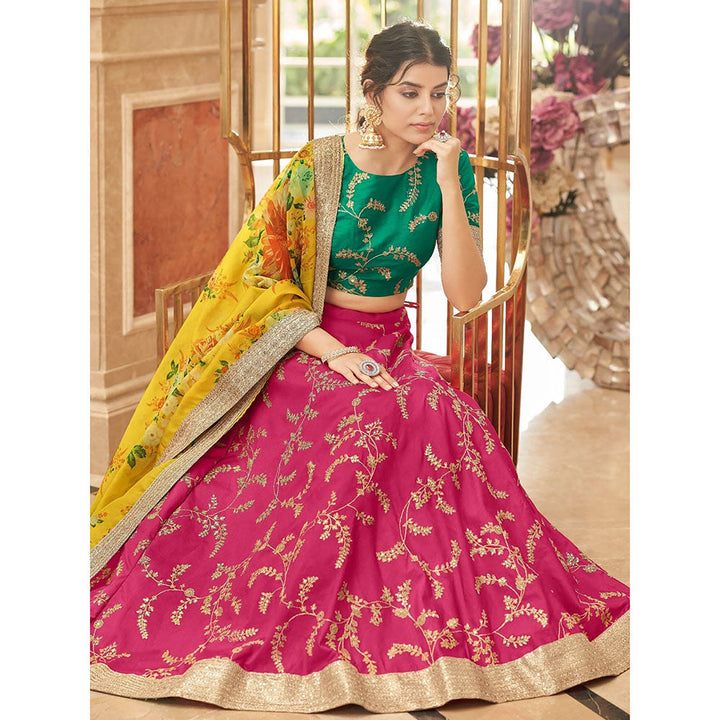 Odette Pink Art Silk Embroidered Semi Stitched Lehenga with Blouse and Dupatta (Set of 3)