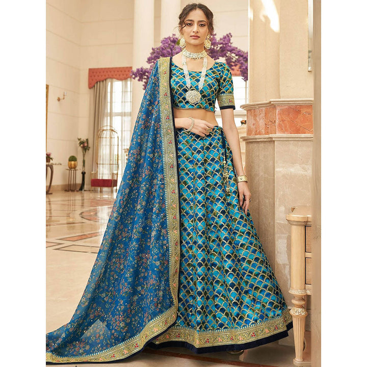 Odette Blue Art Silk Embroidered Semi Stitched Lehenga with Blouse and Dupatta (Set of 3)