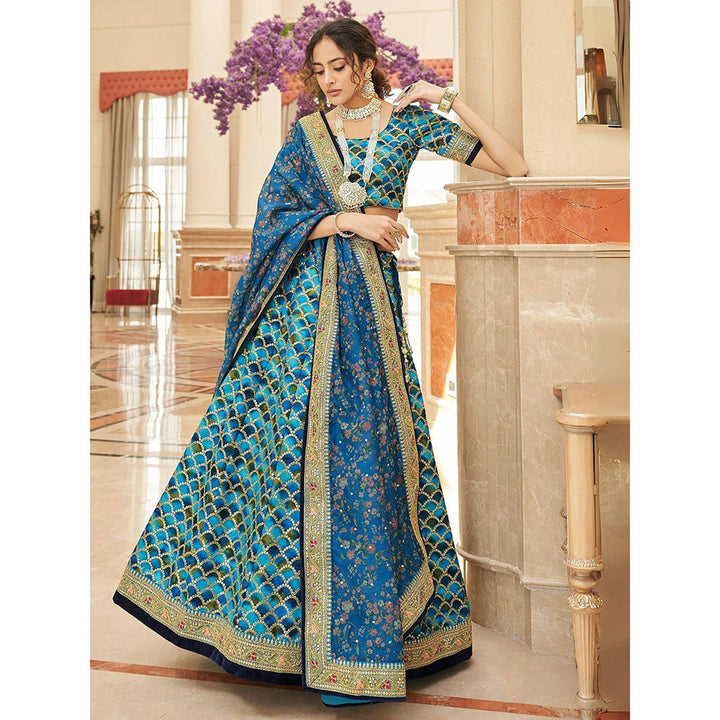 Odette Blue Art Silk Embroidered Semi Stitched Lehenga with Blouse and Dupatta (Set of 3)